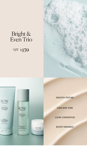 This image ad for Rose MD promotes the brand's Bright & Even Trio. The ad emphasizes the trio's ability to s