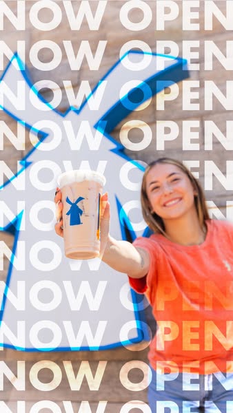 This ad features a woman holding a Dunkin' iced coffee in front of a Dunkin' sign, with the words "Now Open