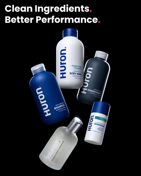 This image ad showcases a range of Huron men's care products including body wash, shampoo, conditioner, deodorant an