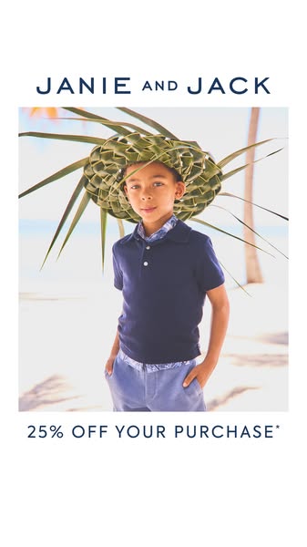 This image ad for Janie and Jack features a young boy wearing a navy blue polo shirt and light blue shorts. He is also w