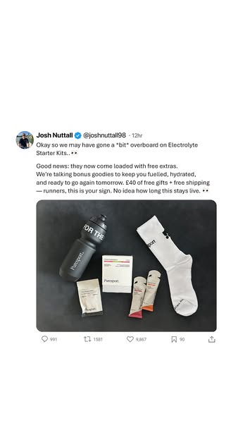 This ad features a Tweet from Josh Nuttall promoting Puresport electrolyte starter kits. The tweet expresses excitement 