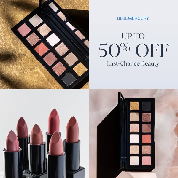 This ad for Bluemercury features two distinct product types (eyeshadow palette and lipstick) alongside the offer of up t