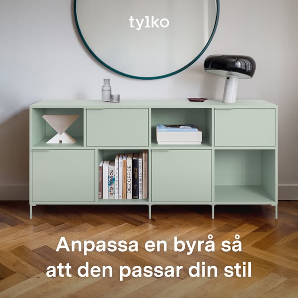 Image ad promoting Tylko's customizable shelving units, featuring a light green unit in a home setting with the head