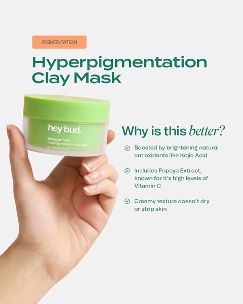 This image ad for Hey Bud's Hyperpigmentation Clay Mask highlights key ingredients and product benefits such as brig