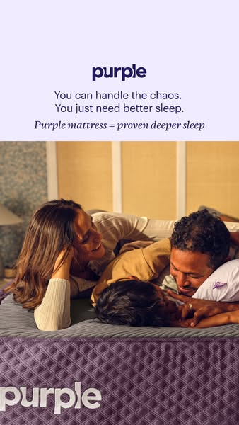 This ad features an image of a family relaxing on a Purple mattress, highlighting its ability to provide deeper sleep am