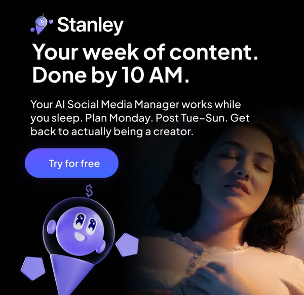 This ad for Stanley promotes its AI social media manager, highlighting how it works while you sleep and can plan your co