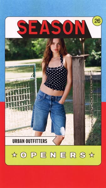 This ad for Urban Outfitters uses a Polaroid-style frame around an image of a woman in a polka dot top and denim shorts 