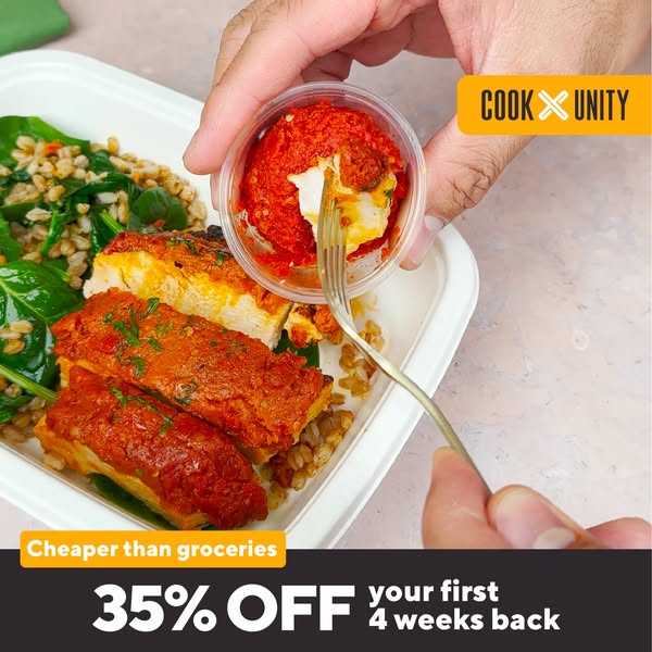 A prepared meal is displayed with a fork removing the lid of a sauce container. The ad promotes a discount on the first 