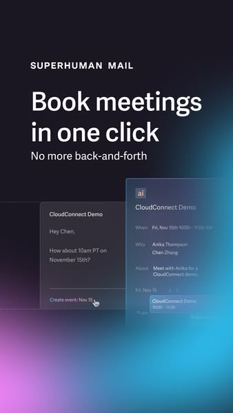 This ad promotes Superhuman Mail by highlighting its one-click meeting booking feature. The ad shows a demo of a user sc