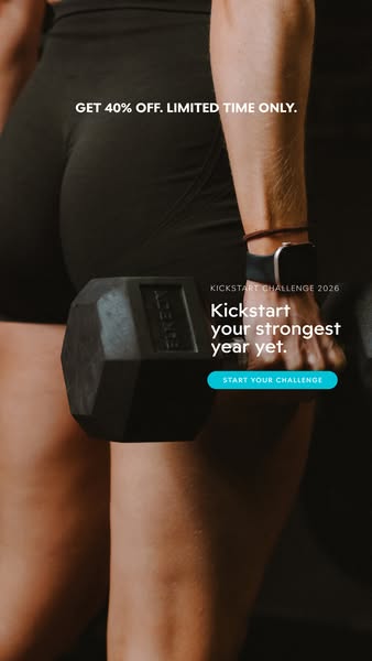 This ad promotes a fitness challenge with a limited-time discount. The image features a person holding a dumbbell, empha