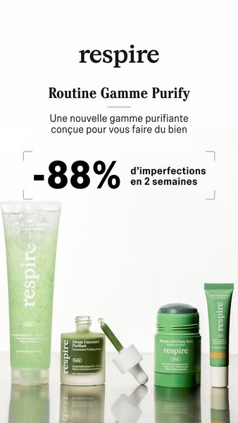 This ad displays four Respire skincare products and highlights the line's ability to reduce imperfections by 88% in 