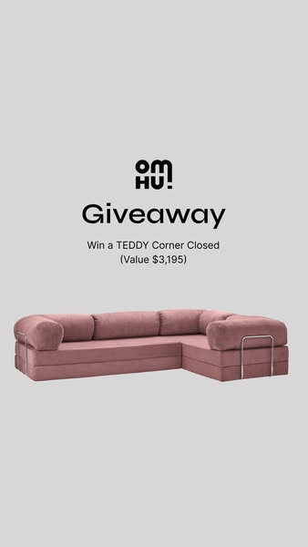 This ad is for a giveaway of a Teddy Corner Closed couch from the brand Omhu. The ad features an image of the couch with