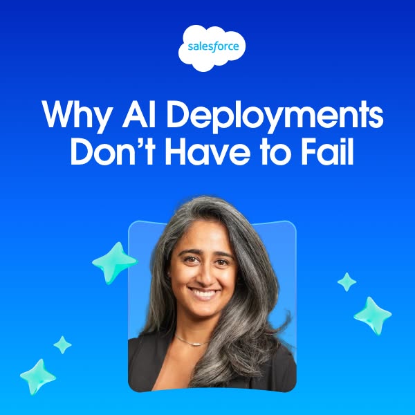 This ad aims to highlight how AI deployments don't have to fail with Salesforce. The ad features a blue gradient bac
