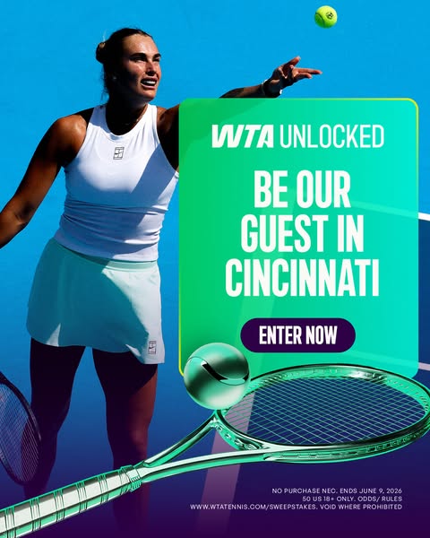 This image ad promotes a sweepstakes contest to win a trip to the WTA event in Cincinnati. It features a tennis player i