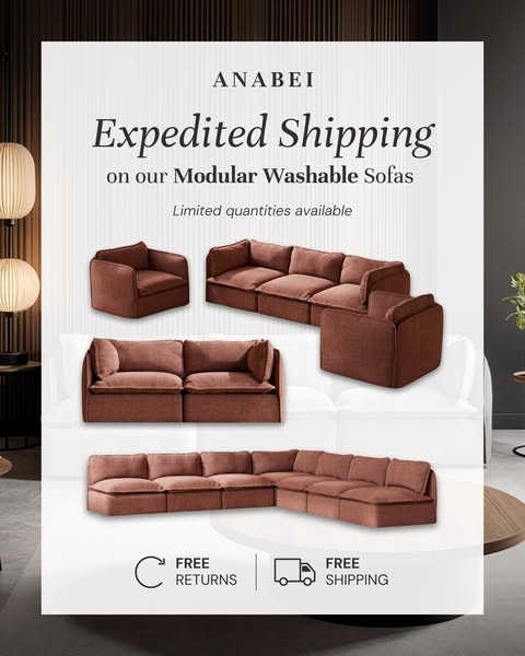 This image ad for Anabei features several sectional sofas in a muted brown color. The ad highlights expedited shipping, 
