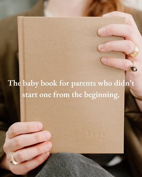 The ad features an image of a baby book and highlights that it is perfect for parents who didn't start one from the 