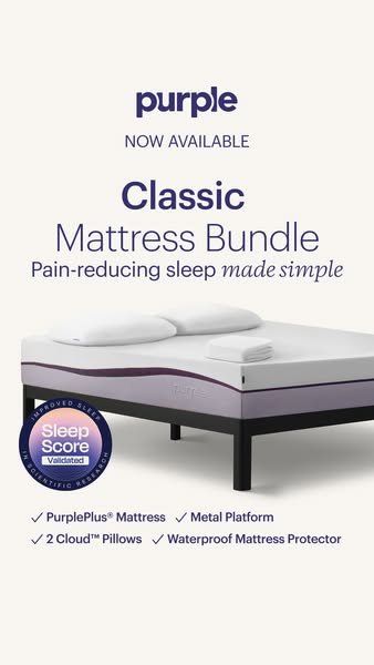 This image ad for Purple promotes their Classic Mattress Bundle, which includes a PurplePlus® Mattress, metal platform,