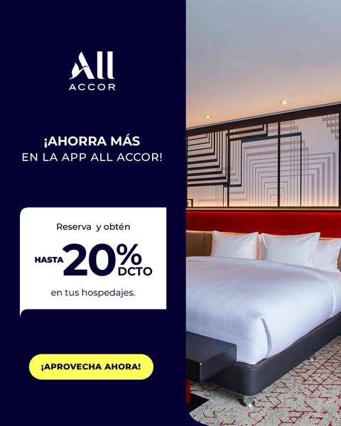 Ad for All Accor promotes savings when booking through the app. A hotel room with white linens is pictured.