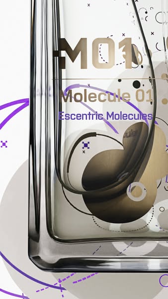An image showcasing the Escentric Molecules Molecule 01 fragrance bottle with surrounding design elements.