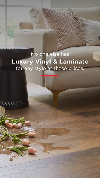 This ad promotes luxury vinyl and laminate flooring at affordable prices. The image features a stylish living room setti