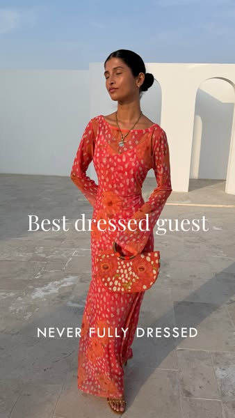 This ad features a woman modeling a red and orange dress and small bag. The text overlay emphasizes the look is right fo