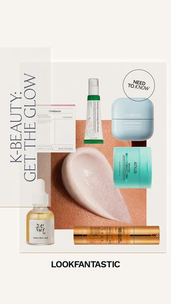 This image ad promotes a variety of K-beauty products from the retailer LOOKFANTASTIC. The ad features several beauty pr