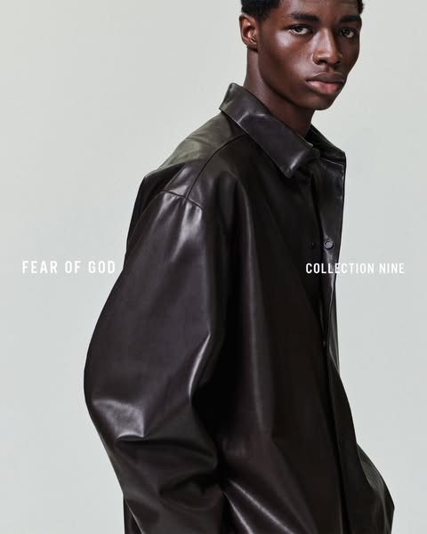 This ad showcases a leather jacket by Fear of God's Collection Nine. The jacket is styled on a model, and the text o