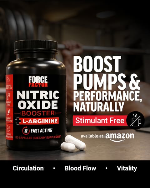 This ad promotes Force Factor Nitric Oxide Booster, highlighting its benefits for boosting pumps and performance natural