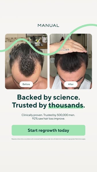 This image ad shows a before-and-after style transformation of a man's hair, promoting a hair regrowth product.
