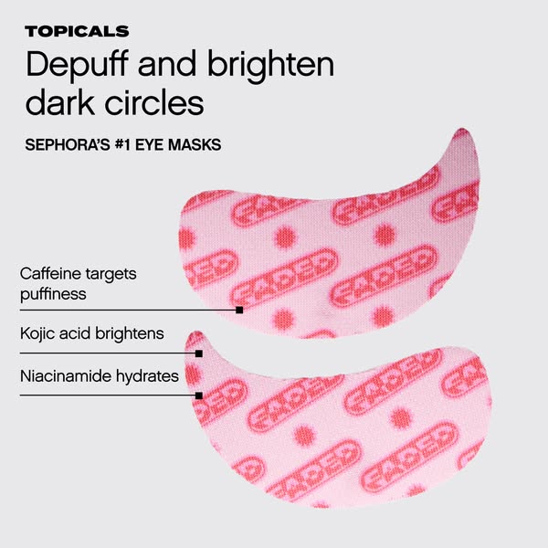 An image ad for Topicals Faded eye masks, which target puffiness, brighten, and hydrate dark circles.