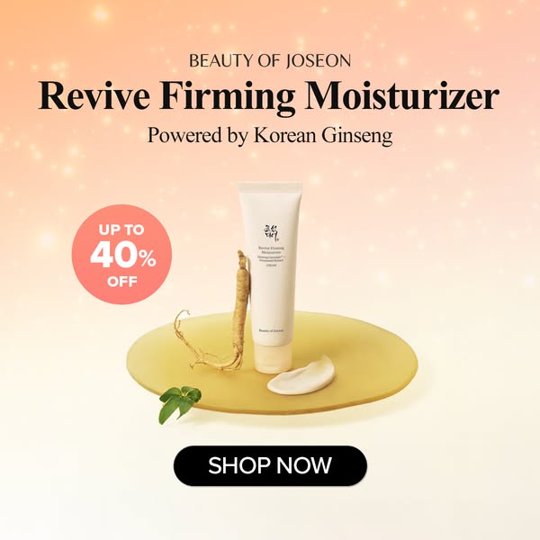 This image ad promotes Beauty of Joseon's Revive Firming Moisturizer, highlighting its Korean ginseng ingredient and