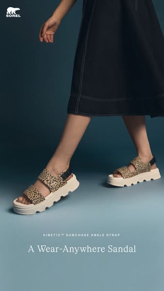 This ad showcases Sorel's KINETIC™ SUNCHASE ANKLE STRAP sandal, highlighting its versatility as a 'Wear-Anywhere