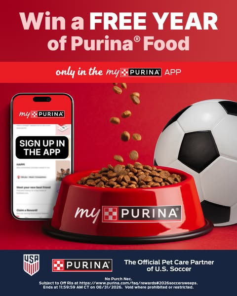 This ad promotes a contest to win a free year of Purina pet food through the myPurina app. The image shows a smartphone 