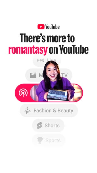 This ad for YouTube promotes the 'romantasy' genre on the platform by presenting a user-style interface with cha