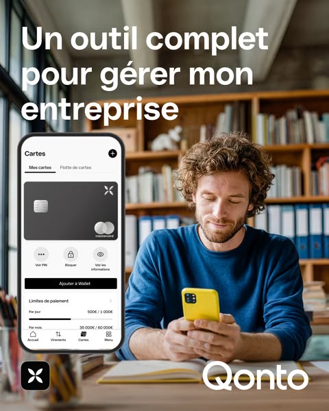 This ad features the financial management application, Qonto. The ad is in French and showcases the apps features with a