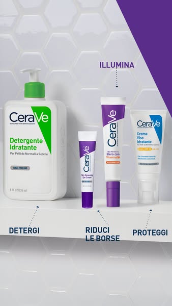 This ad showcases four Cerave products and their benefits. The ad uses the words Detergi, Illumina, Riduci le borse, and