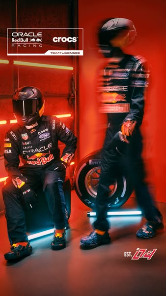 This image ad features Crocs shoes as a collaboration with Oracle Red Bull Racing. The ad presents two racecar drivers i