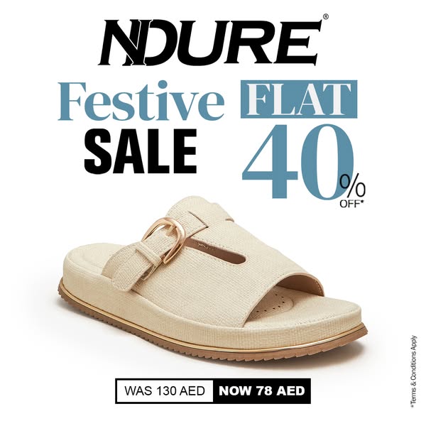 This image ad by NDURE promotes a festive flat sale with a 40% discount on their sandals.