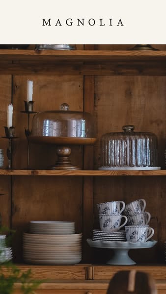 The ad is a picture of the Magnolia brand of dishware placed on shelves.