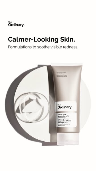 This ad for The Ordinary features a sleek studio shot of the Azelaic Acid Suspension 10% on a geometric off-white surfac