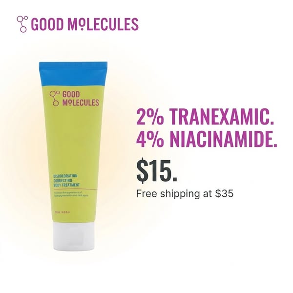 This Good Molecules ad promotes their Discoloration Correcting Body Treatment. The ad emphasizes the product's activ