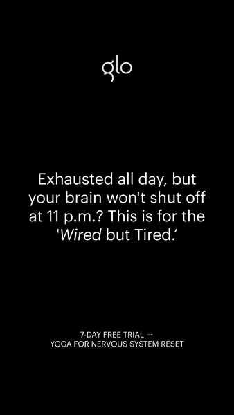 This ad targets people who feel tired but can't shut their brains off at night, offering a free 7-day trial of yoga 