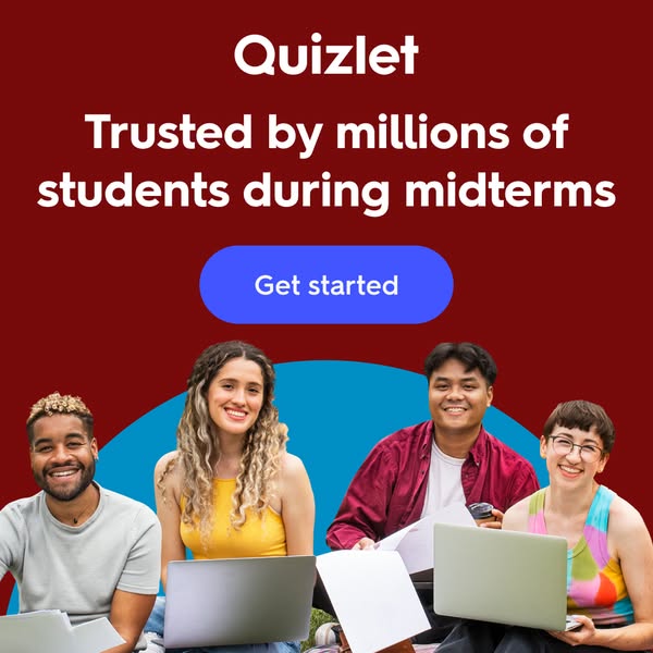 This image ad features a group of four smiling young students using laptops while sitting outside. The ad invites users 