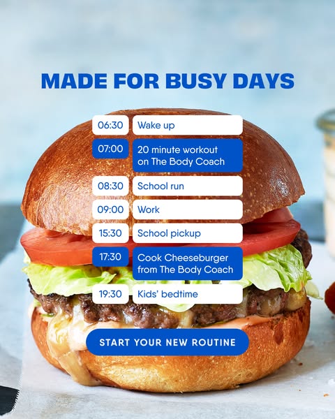 This ad shows a list of activities from a daily schedule overlaid on an image of a cheeseburger to suggest that the Body