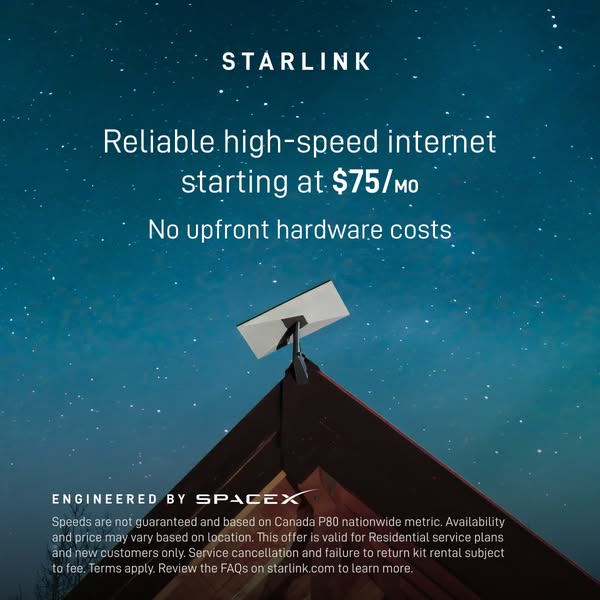 This Starlink ad highlights the reliability and high-speed internet it offers at a starting price of $75 per month, with