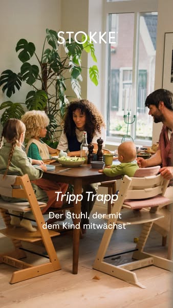 This ad features a family seated around a table with a Stokke Tripp Trapp high chair. The chair is described as one that