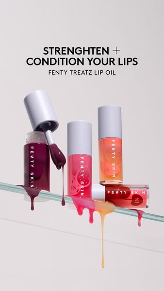 This ad promotes Fenty Treatz Lip Oil, emphasizing its ability to strengthen and condition lips. The visual arrangement 