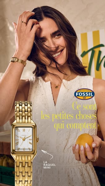 This ad for Fossil features a woman wearing a gold watch and holding a lemon. The ad highlights Fossil's Raquel Mini