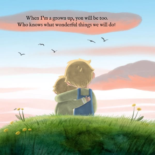 This image ad features an illustration of two children embracing on a grassy hill, with a hopeful message about growing 