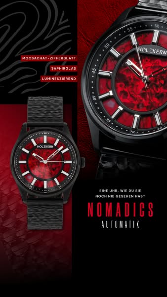 This image ad for Holzkern features a stylish black wristwatch with a red agate dial, highlighting its unique features a